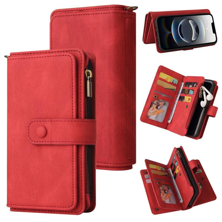 For iPhone 16e Skin Feel Multi Card Slots Zipper Wallet Leather Phone Case(Red)