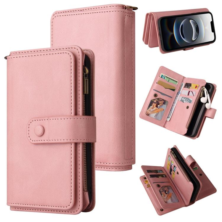 For iPhone 16e Skin Feel Multi Card Slots Zipper Wallet Leather Phone Case(Pink)