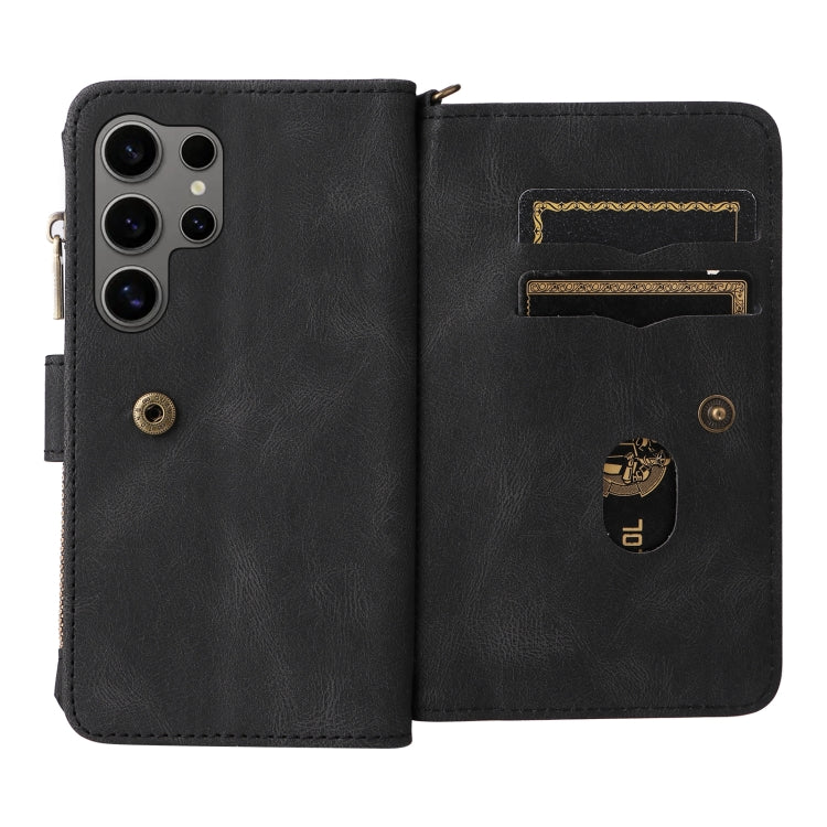 For Samsung Galaxy S25 Ultra 5G Skin Feel Multi Card Slots Zipper Wallet Leather Phone Case(Black)