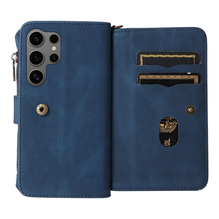 For Samsung Galaxy S25 Ultra 5G Skin Feel Multi Card Slots Zipper Wallet Leather Phone Case(Blue)