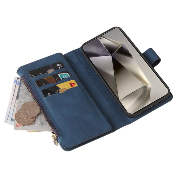 For Samsung Galaxy S25 Ultra 5G Skin Feel Multi Card Slots Zipper Wallet Leather Phone Case(Blue)