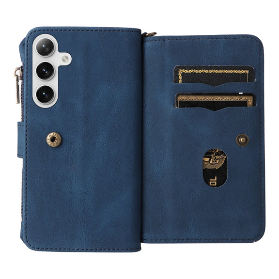 For Samsung Galaxy S25+ / S24+ 5G Skin Feel Multi Card Slots Zipper Wallet Leather Phone Case(Blue)