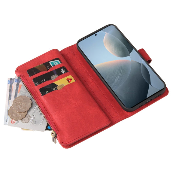 For Redmi K70 Skin Feel Multi Card Slots Zipper Wallet Leather Phone Case(Red)