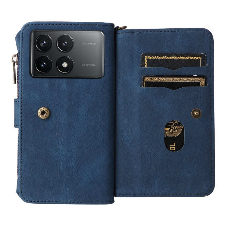 For Redmi K70 Skin Feel Multi Card Slots Zipper Wallet Leather Phone Case(Blue)