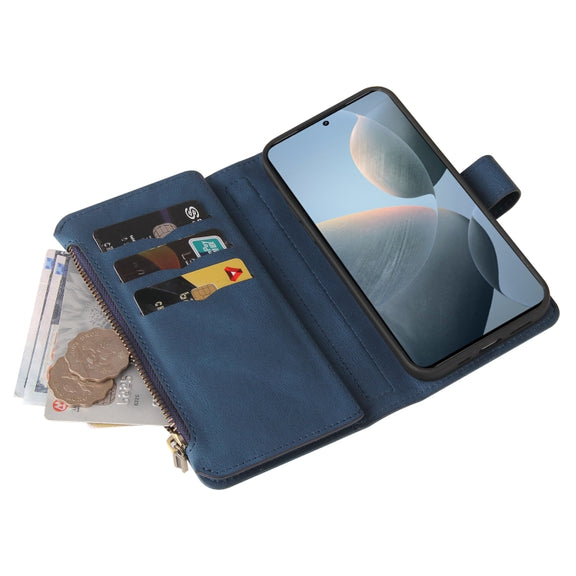 For Redmi K70 Skin Feel Multi Card Slots Zipper Wallet Leather Phone Case(Blue)