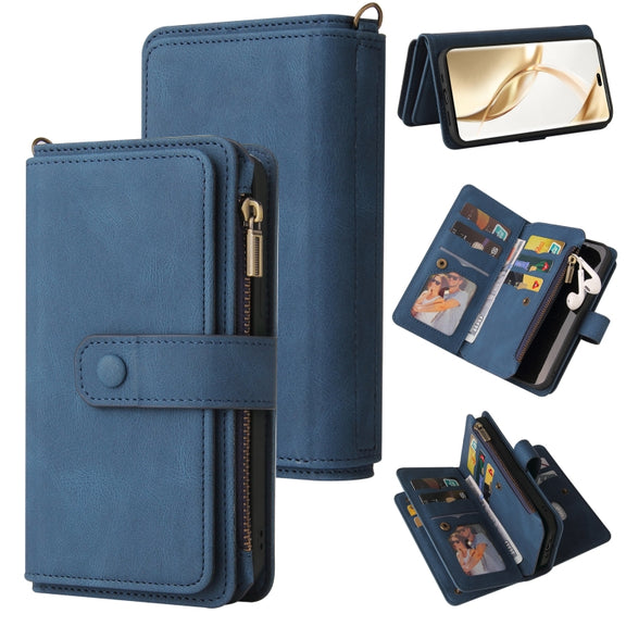 For Honor 200 Pro Skin Feel Multi Card Slots Zipper Wallet Leather Phone Case(Blue)