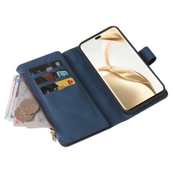 For Honor 200 Pro Skin Feel Multi Card Slots Zipper Wallet Leather Phone Case(Blue)
