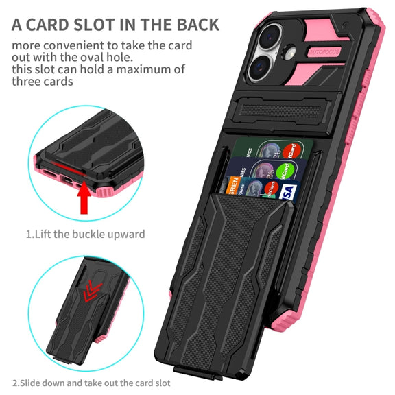 For iPhone 16 Plus Kickstand Armor Card Wallet Phone Case(Pink)