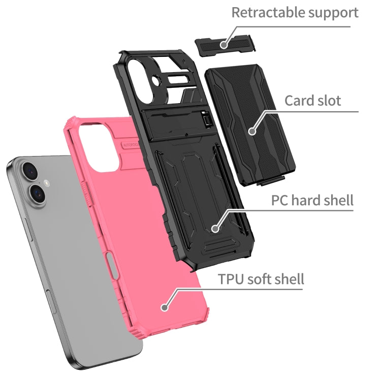 For iPhone 16 Plus Kickstand Armor Card Wallet Phone Case(Pink)