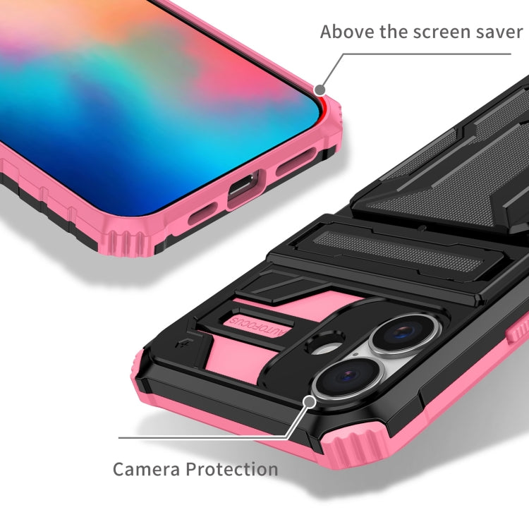 For iPhone 16 Plus Kickstand Armor Card Wallet Phone Case(Pink)