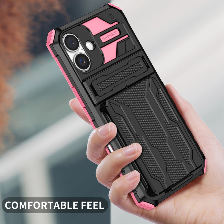 For iPhone 16 Plus Kickstand Armor Card Wallet Phone Case(Pink)