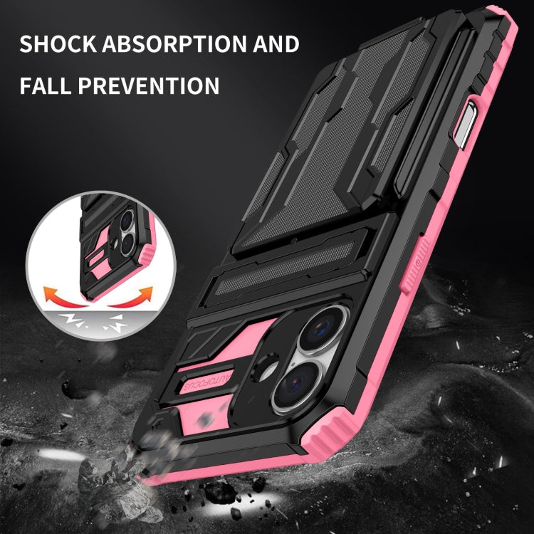 For iPhone 16 Plus Kickstand Armor Card Wallet Phone Case(Pink)
