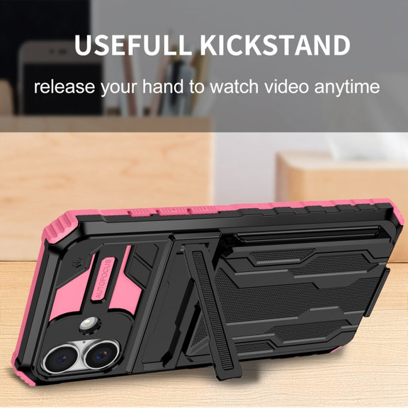 For iPhone 16 Plus Kickstand Armor Card Wallet Phone Case(Pink)