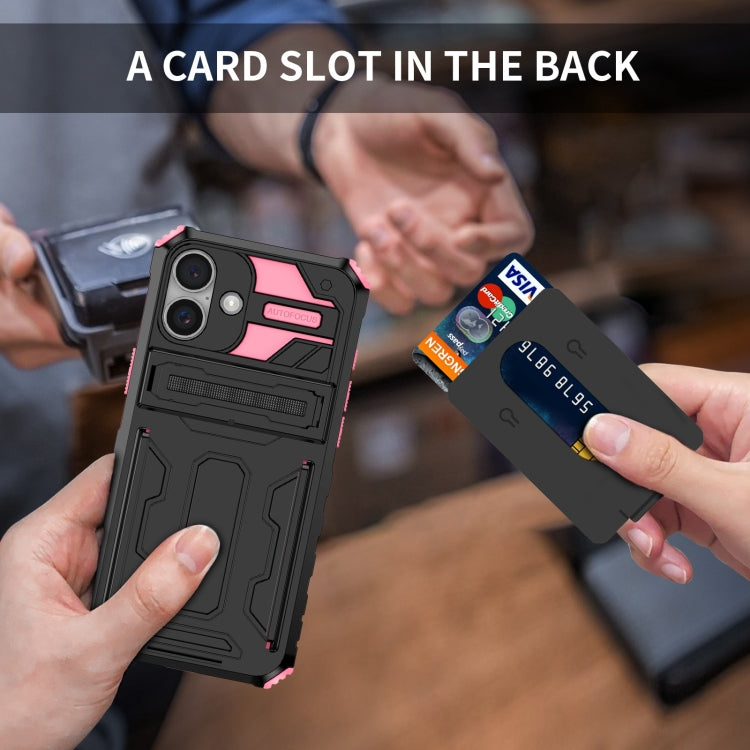 For iPhone 16 Plus Kickstand Armor Card Wallet Phone Case(Pink)