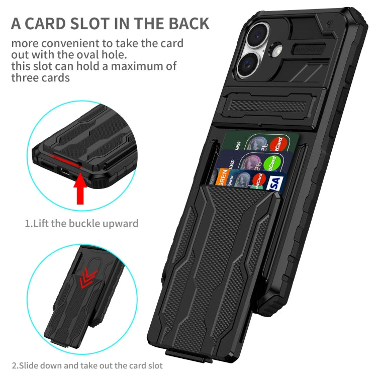 For iPhone 16 Kickstand Armor Card Wallet Phone Case(Black)