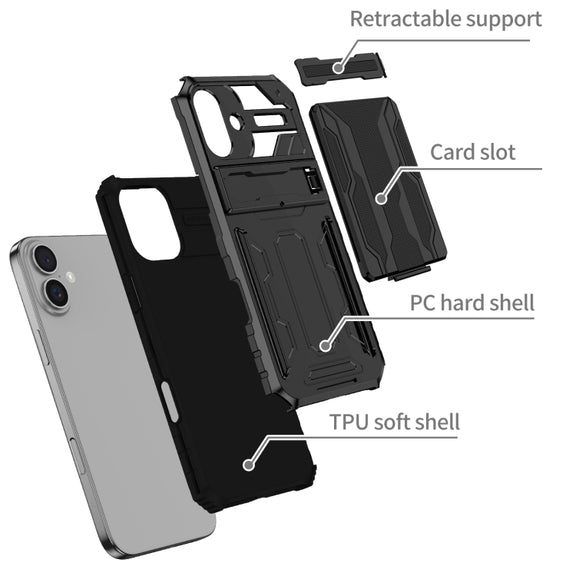 For iPhone 16 Kickstand Armor Card Wallet Phone Case(Black)