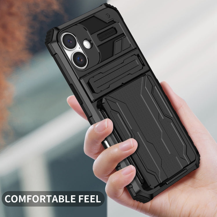 For iPhone 16 Kickstand Armor Card Wallet Phone Case(Black)