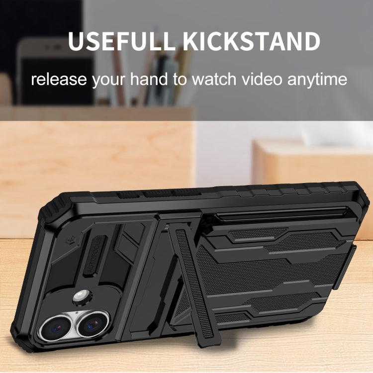 For iPhone 16 Kickstand Armor Card Wallet Phone Case(Black)