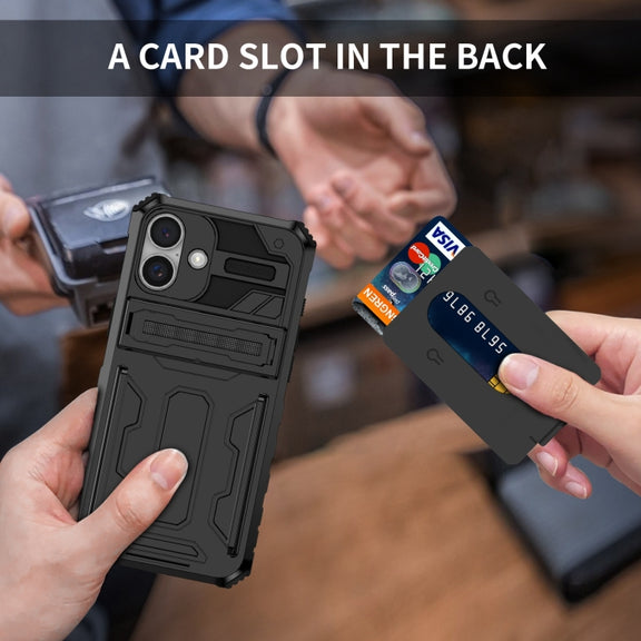 For iPhone 16 Kickstand Armor Card Wallet Phone Case(Black)