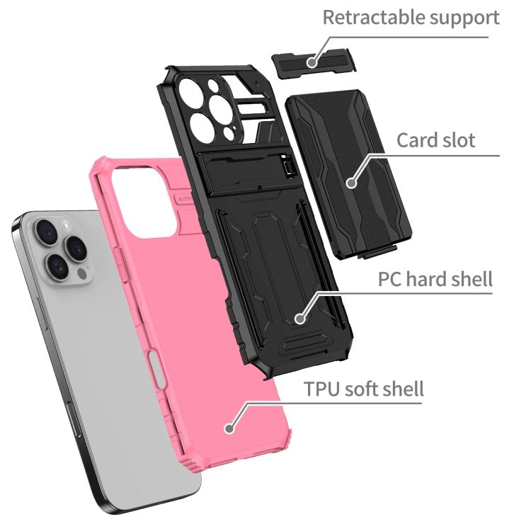For iPhone 16 Pro Max Kickstand Armor Card Wallet Phone Case(Pink)