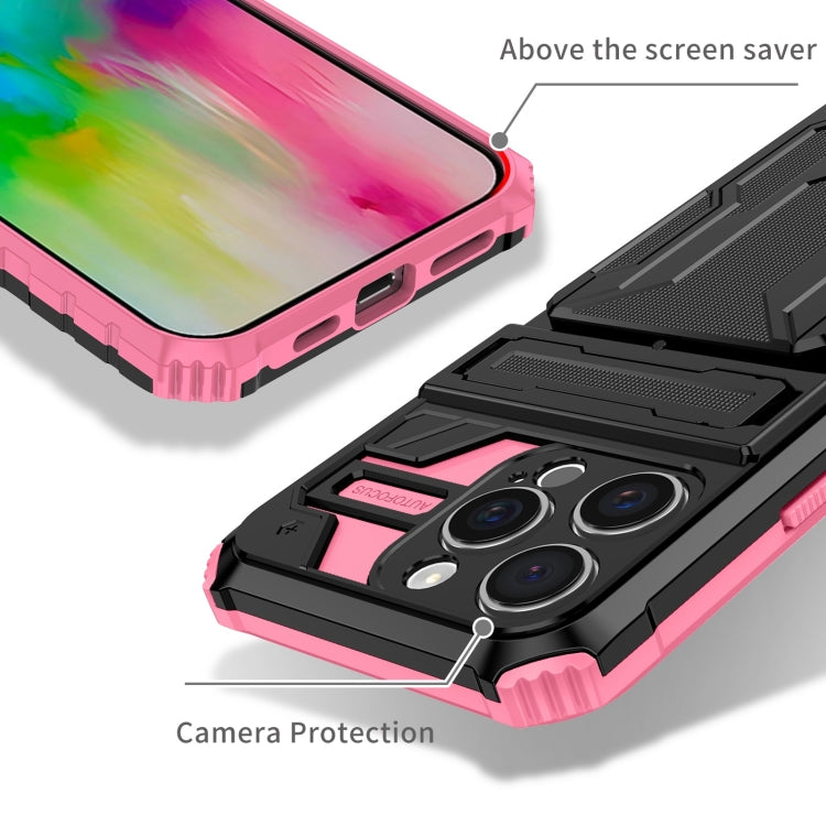 For iPhone 16 Pro Max Kickstand Armor Card Wallet Phone Case(Pink)