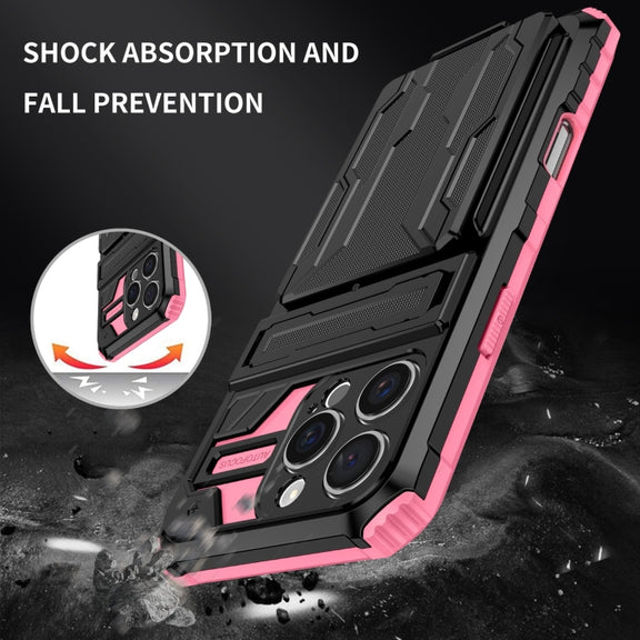 For iPhone 16 Pro Max Kickstand Armor Card Wallet Phone Case(Pink)
