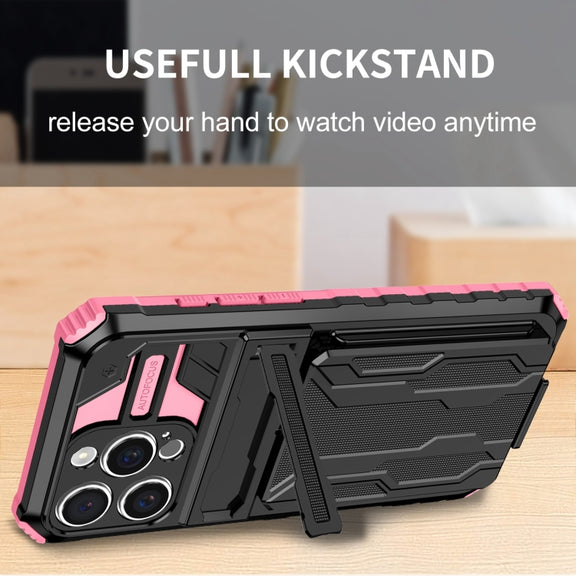 For iPhone 16 Pro Max Kickstand Armor Card Wallet Phone Case(Pink)
