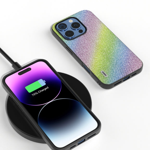 For iPhone 16 Pro Diamond Black Frame Phone Case(Rainbow Diamond)