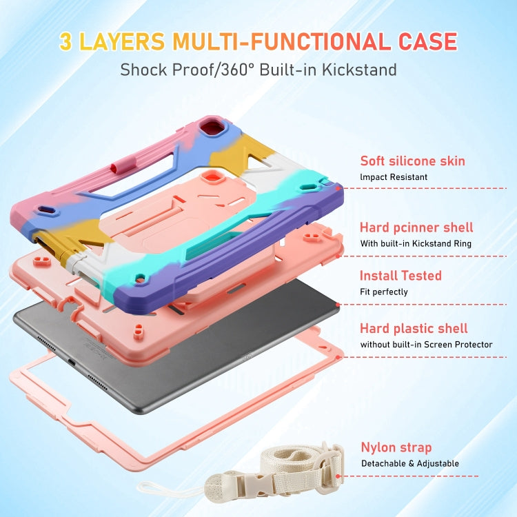 For iPad 10.2 2021 / 2020 / 2019 Legend Grip Holder Silicone Hybrid PC Tablet Case with Strap(Rainbow)