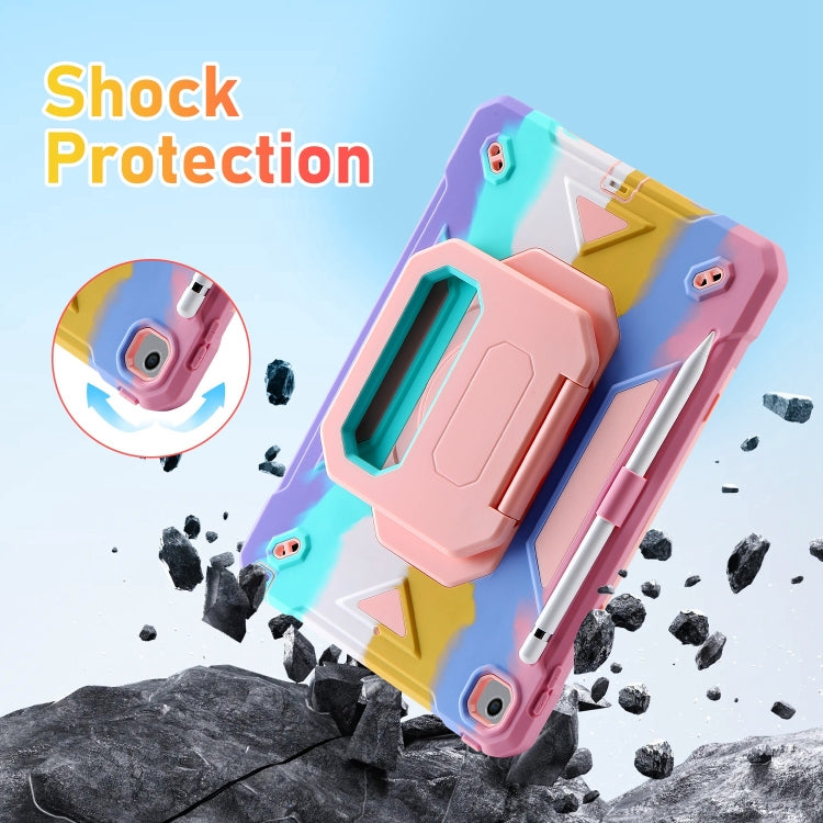 For iPad 10.2 2021 / 2020 / 2019 Legend Grip Holder Silicone Hybrid PC Tablet Case with Strap(Rainbow)