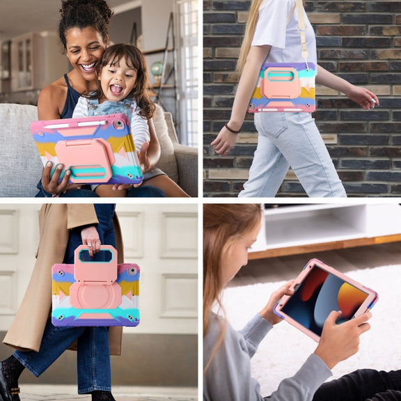 For iPad 10.2 2021 / 2020 / 2019 Legend Grip Holder Silicone Hybrid PC Tablet Case with Strap(Rainbow)