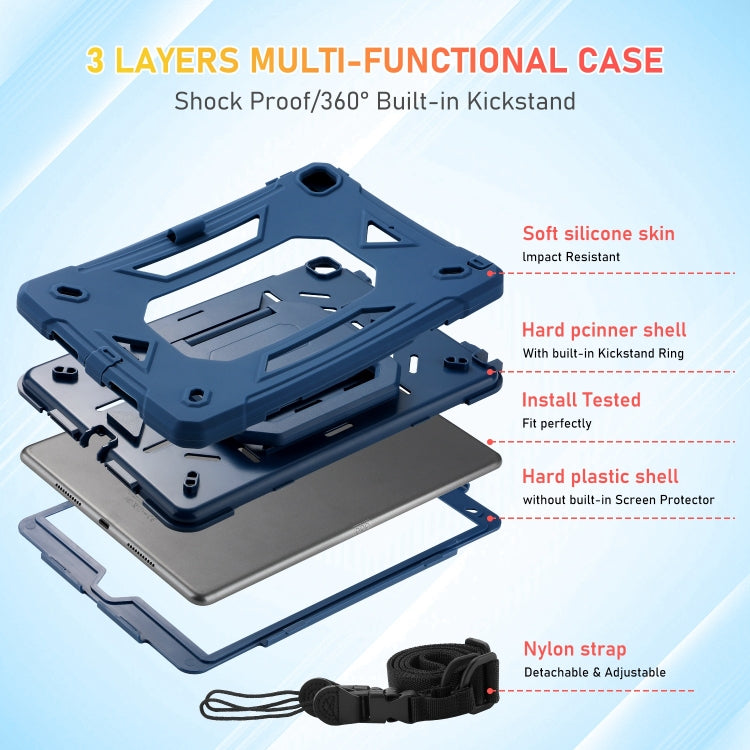 For iPad 10.2 2021 / 2020 / 2019 Legend Grip Holder Silicone Hybrid PC Tablet Case with Strap(Navy Blue)