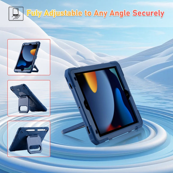For iPad 10.2 2021 / 2020 / 2019 Legend Grip Holder Silicone Hybrid PC Tablet Case with Strap(Navy Blue)