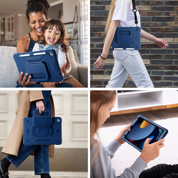 For iPad 10.2 2021 / 2020 / 2019 Legend Grip Holder Silicone Hybrid PC Tablet Case with Strap(Navy Blue)