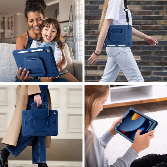 For iPad 10.2 2021 / 2020 / 2019 Legend Grip Holder Silicone Hybrid PC Tablet Case with Strap(Navy Blue)