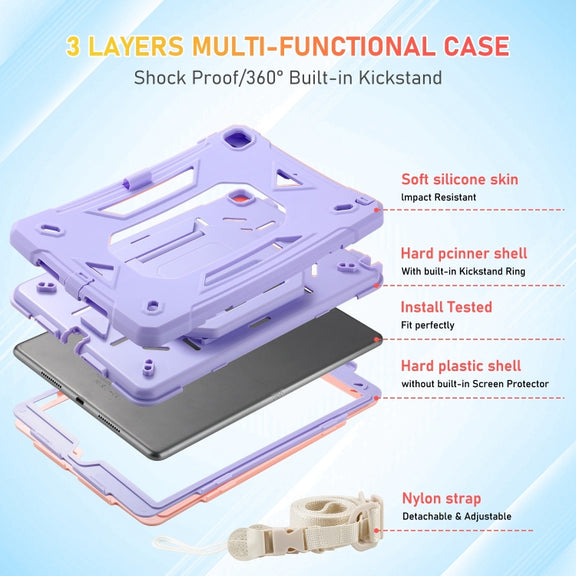 For iPad 10.2 2021 / 2020 / 2019 Legend Grip Holder Silicone Hybrid PC Tablet Case with Strap(Purple)