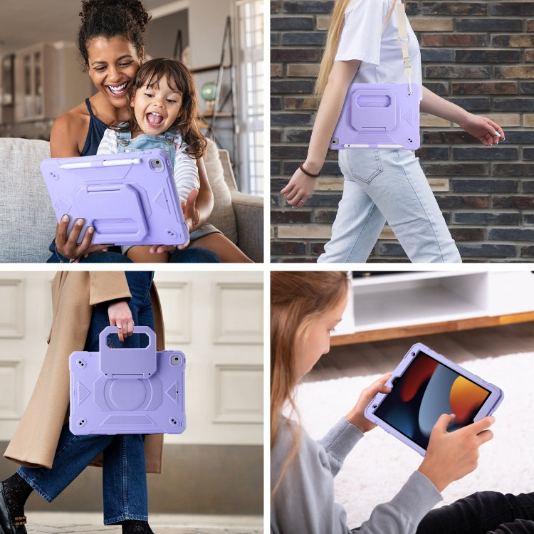 For iPad 10.2 2021 / 2020 / 2019 Legend Grip Holder Silicone Hybrid PC Tablet Case with Strap(Purple)