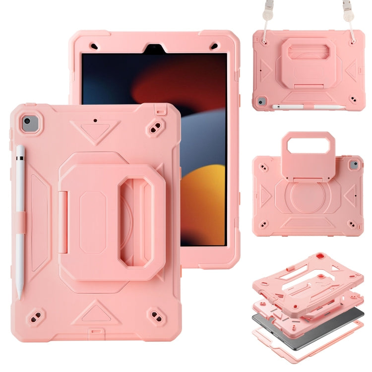 For iPad 10.2 2021 / 2020 / 2019 Legend Grip Holder Silicone Hybrid PC Tablet Case with Strap(Pink)