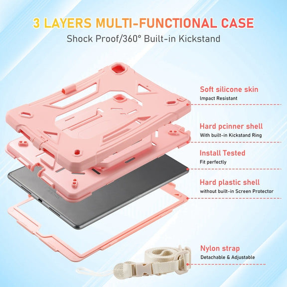 For iPad 10.2 2021 / 2020 / 2019 Legend Grip Holder Silicone Hybrid PC Tablet Case with Strap(Pink)
