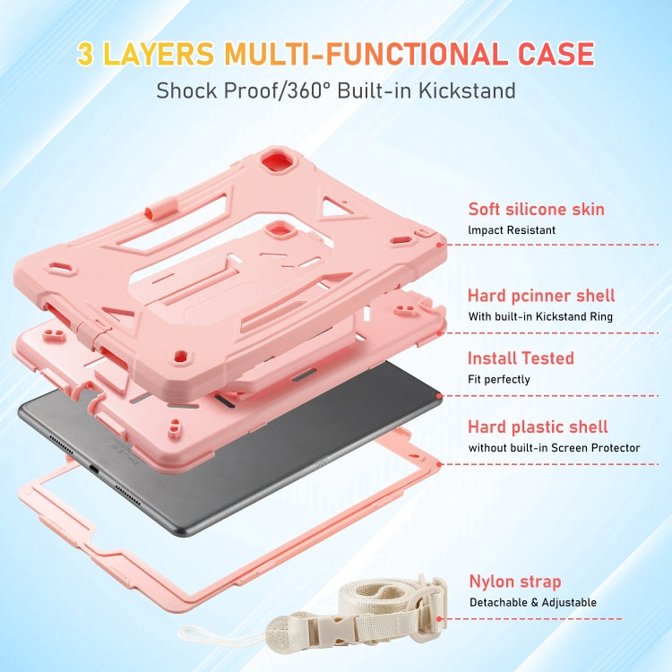 For iPad 10.2 2021 / 2020 / 2019 Legend Grip Holder Silicone Hybrid PC Tablet Case with Strap(Pink)