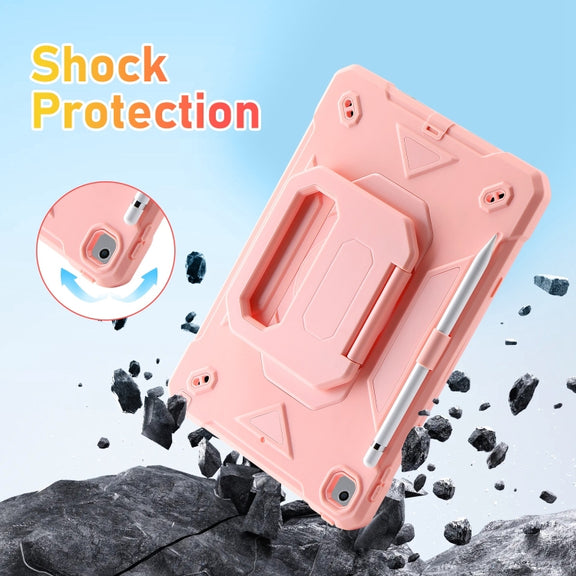 For iPad 10.2 2021 / 2020 / 2019 Legend Grip Holder Silicone Hybrid PC Tablet Case with Strap(Pink)