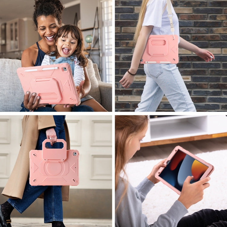 For iPad 10.2 2021 / 2020 / 2019 Legend Grip Holder Silicone Hybrid PC Tablet Case with Strap(Pink)