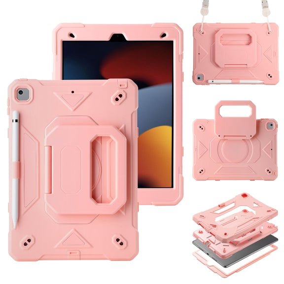 For iPad 10.2 2021 / 2020 / 2019 Legend Grip Holder Silicone Hybrid PC Tablet Case with Strap(Pink)