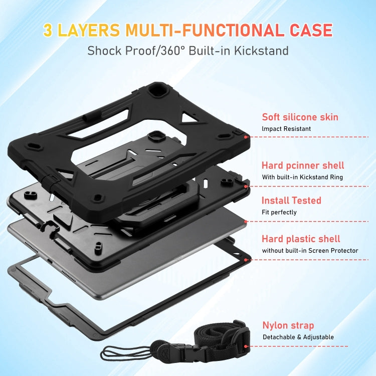 For iPad 10.2 2021 / 2020 / 2019 Legend Grip Holder Silicone Hybrid PC Tablet Case with Strap(Black)