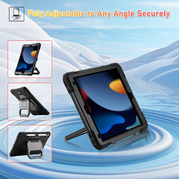 For iPad 10.2 2021 / 2020 / 2019 Legend Grip Holder Silicone Hybrid PC Tablet Case with Strap(Black)