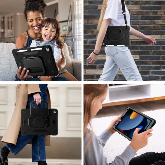For iPad 10.2 2021 / 2020 / 2019 Legend Grip Holder Silicone Hybrid PC Tablet Case with Strap(Black)