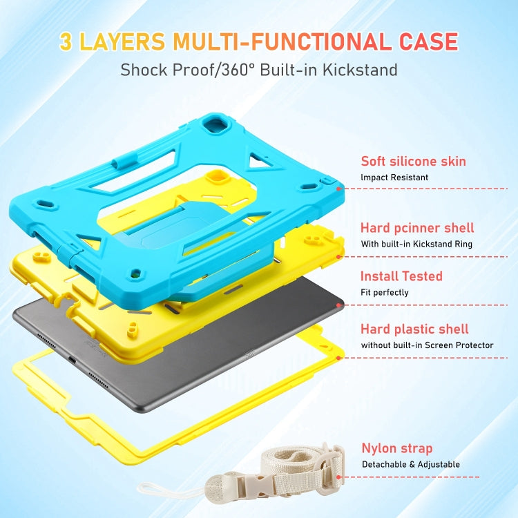 For iPad 10.2 2021 / 2020 / 2019 Legend Grip Holder Silicone Hybrid PC Tablet Case with Strap(Blue Fluorescent Yellow)