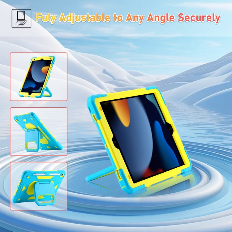 For iPad 10.2 2021 / 2020 / 2019 Legend Grip Holder Silicone Hybrid PC Tablet Case with Strap(Blue Fluorescent Yellow)