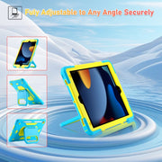 For iPad 10.2 2021 / 2020 / 2019 Legend Grip Holder Silicone Hybrid PC Tablet Case with Strap(Blue Fluorescent Yellow)