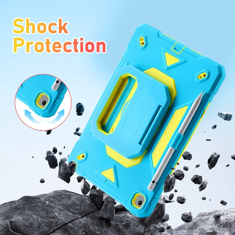 For iPad 10.2 2021 / 2020 / 2019 Legend Grip Holder Silicone Hybrid PC Tablet Case with Strap(Blue Fluorescent Yellow)